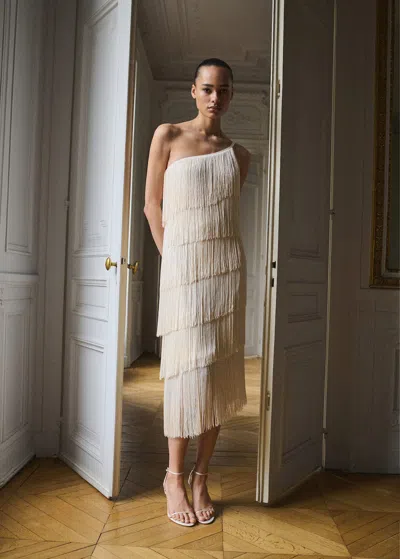 Mango Asymmetrical Fringed Midi-dress Ecru In Écru