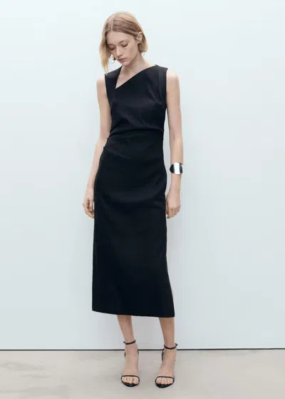 Mango Sleeveless Asymmetric Linen Dress In Noir