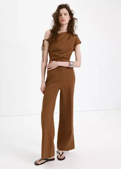 Mango Asymmetrical Lyocell-linen Jumpsuit In Tobacco Brown