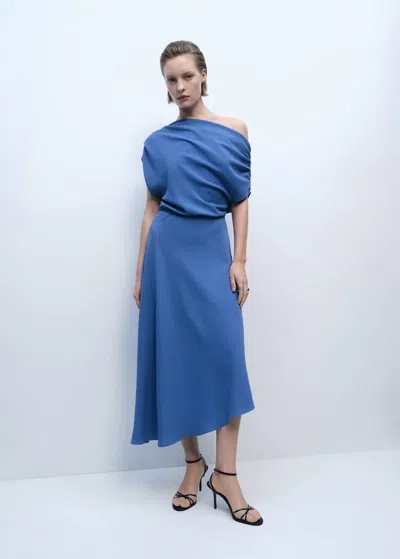 Mango Asymmetrical Neck Midi Dress Blue