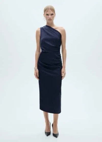 Mango Asymmetrical Pleated Dress Night Blue