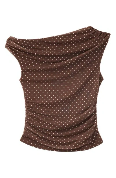 Mango Asymmetrical Polka Dot Off The Shoulder Mesh Top In Brown