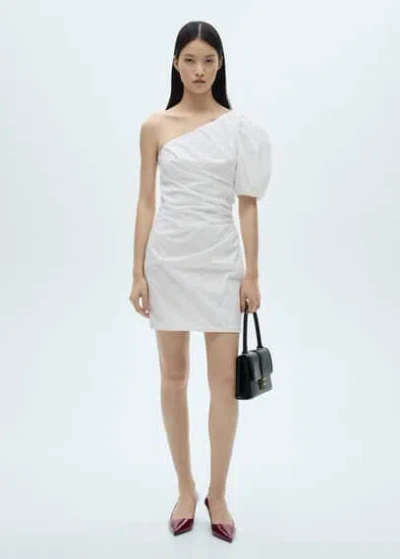 Mango Asymmetrical Puff-sleeve Dress White In Blanc