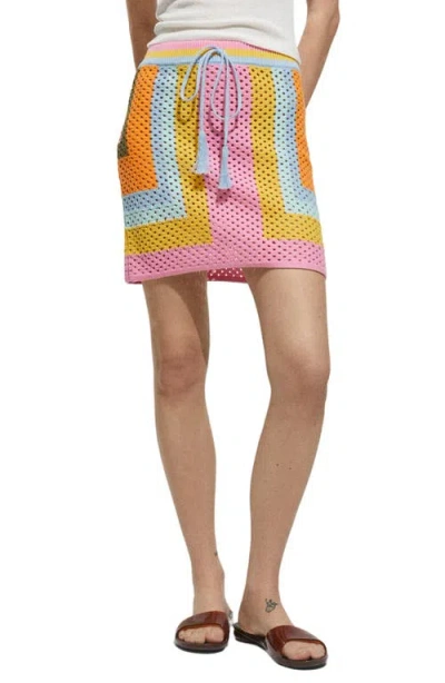 Mango Babylon Colorblock Open Stitch Cotton Drawstring Sweater Miniskirt In Pink