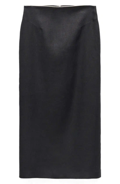 Mango Back Slit Linen Skirt In Black