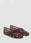 Mango Ballerina Flats With Cross Straps With Embroidered Flowers Brown In Brown