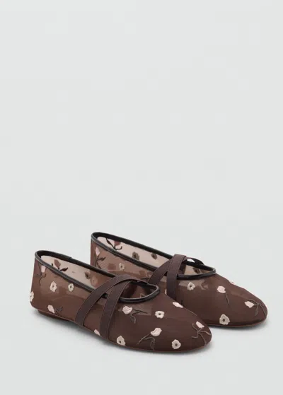 Mango Ballerina Flats With Cross Straps With Embroidered Flowers Brown