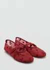 Mango Ballerina Flats With Cross Straps With Embroidered Flowers Red