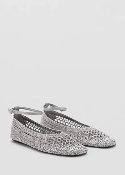 Mango Crocheted Ballet Flats With Ankle Strap In Silver