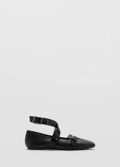 Mango Ballerines En Cuir À Lanières Croisées Avec Aillets In Noir