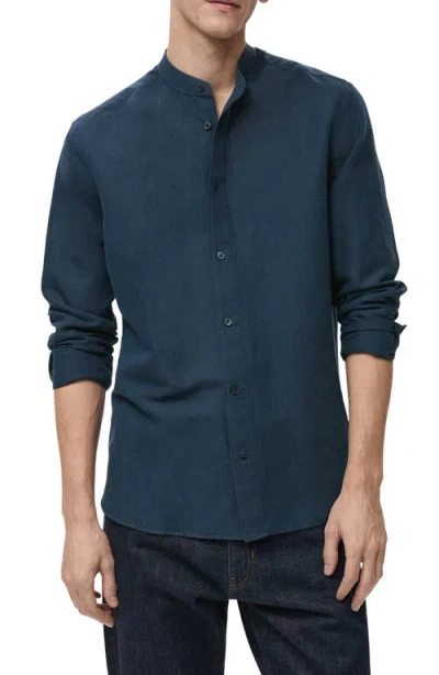 MANGO MANGO BAND COLLAR LINEN & COTTON BUTTON-UP SHIRT