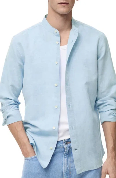 Mango Band Collar Linen & Cotton Button-up Shirt In Blue