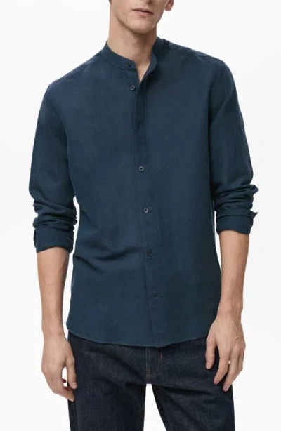 Mango Band Collar Linen Blend Button-up Shirt In Dark Navy
