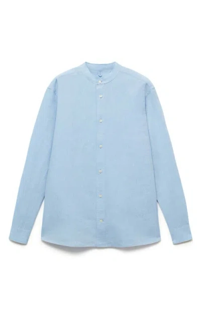 Mango Band Collar Linen Blend Button-up Shirt In Sky Blue