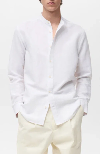 Mango Band Collar Linen Blend Button-up Shirt In White