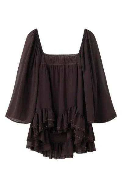 Mango Bead Embellished Ruffle Tiered Tunic Top In Brown