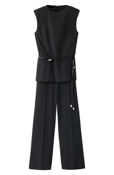 Mango Beaded Belt Sleeveless Jumpsuit In Black