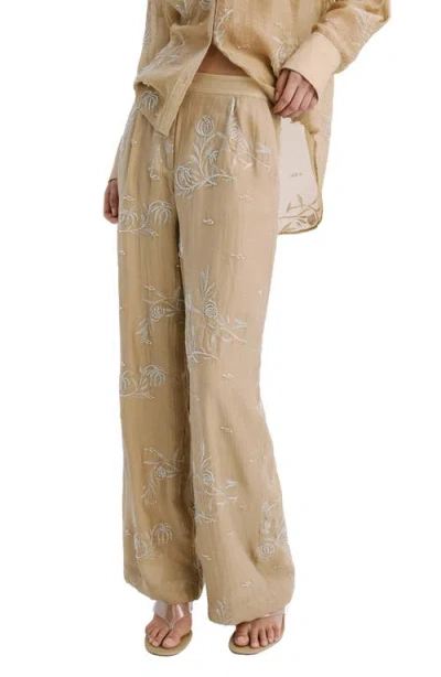 Mango Beaded Floral Embroidered High Rise Pants In Brown