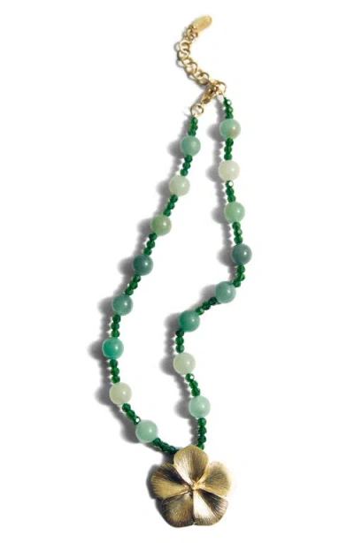 Mango Beaded Flower Pendant Necklace In Green/gold