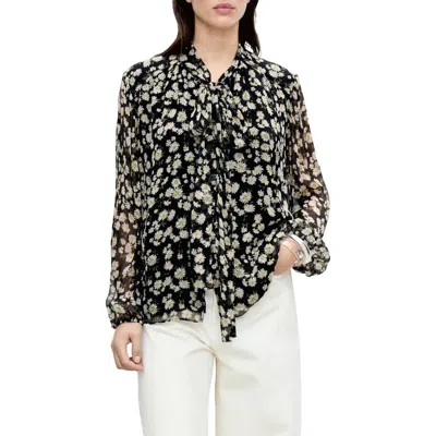Mango Belle Floral Chiffon Tie Neck Top In Black