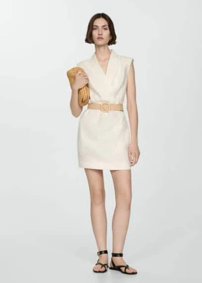 Mango Belt Linen Dress Off White In Blanc Cassé