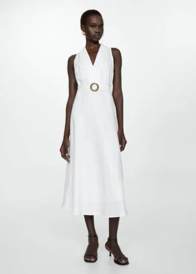 Mango Robe Lin Ceinture In Off White