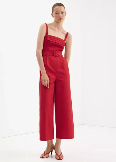 Mango Belt Linen Jumpsuit In Red