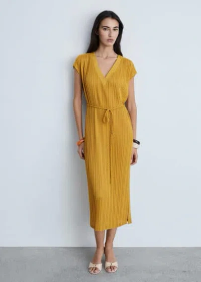 Mango Belt Pleated Dress Mustard