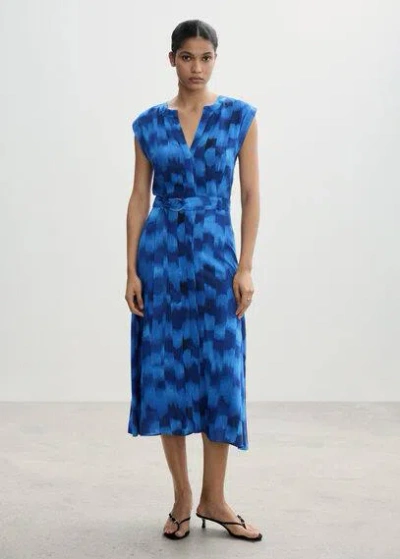 Mango Belt Printed Dress Blue