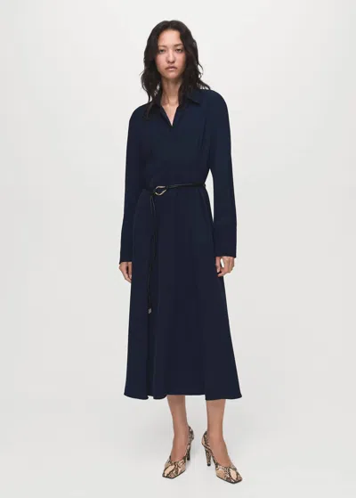 Mango Belt Shirt Dress Navy In Blue