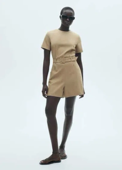 Mango Belt Short Jumpsuit Beige