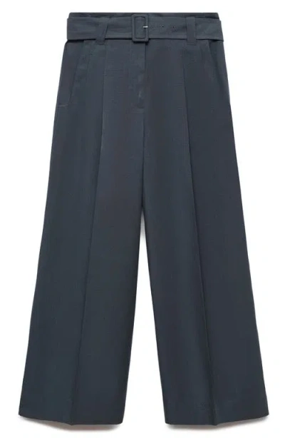 Mango Belted Ankle Straight Leg Pants In Blue