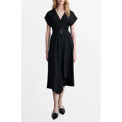 Mango Belted Asymmetric Hem Midi Dress In Black