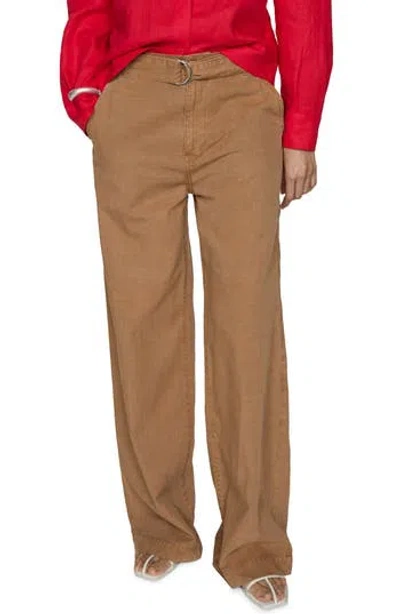 Mango Belted Canvas Wide Leg Pants In Brown