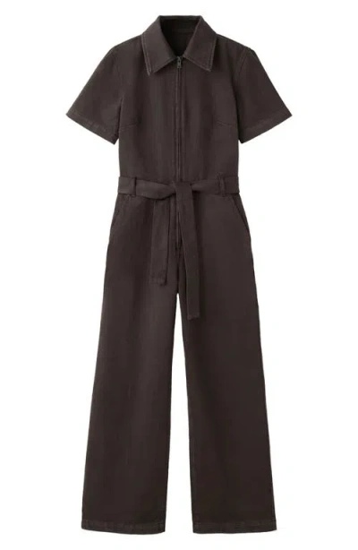 Mango Belted Denim Jumpsuit In Brown