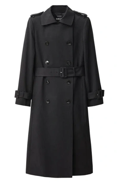 Mango Belted Double Breasted Trench Coat In Black