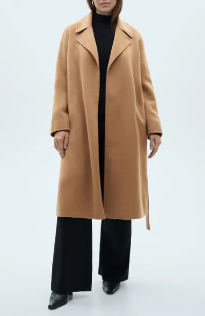 Mango Belted Handmade Wool Blend Coat In Medium Brown