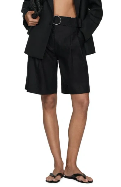 Mango Belted Linen Bermuda Shorts In Black