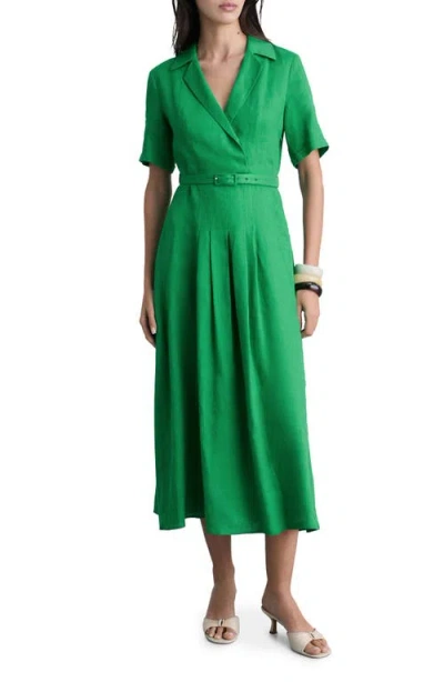 Mango Belted Linen Dress In Green