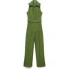 Mango Belted Linen Jumpsuit In Green