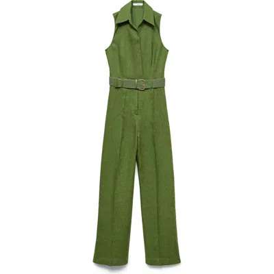 Mango Belted Linen Jumpsuit In Green