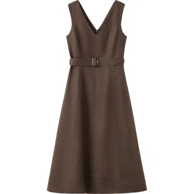 Mango Belted Linen Midi Dress In Brown