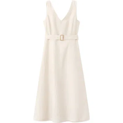 Mango Belted Linen Midi Dress In Nude