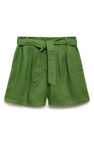 Mango Belted Linen Shorts In Green