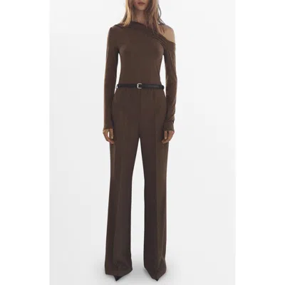 Mango Belted Long Sleeve One-shoulder Jumpsuit In Brown