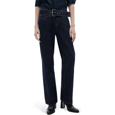 Mango Belted Low Rise Straight Leg Jeans In Open Blue
