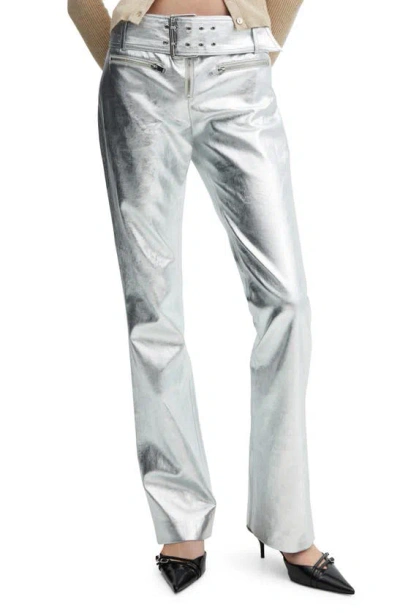 Mango Belted Metallic Faux Leather Pants In Silver