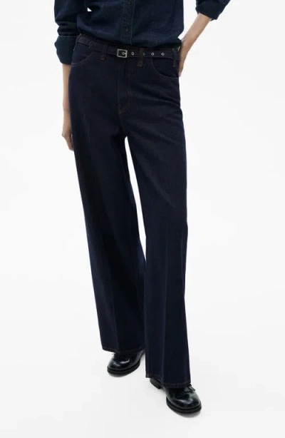 Mango Belted Mid Rise Wide Leg Jeans In Open Blue