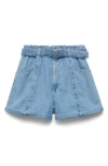 Mango Belted Paperbag Denim Shorts In Blue