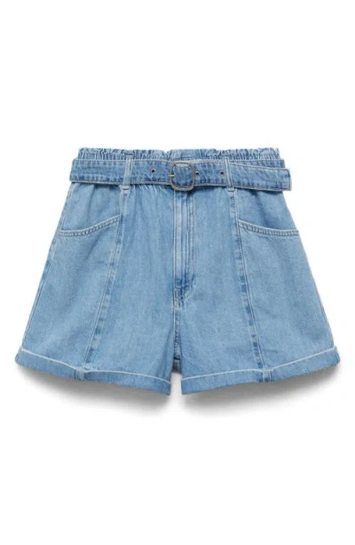 Mango Belted Paperbag Denim Shorts In Medium Blue